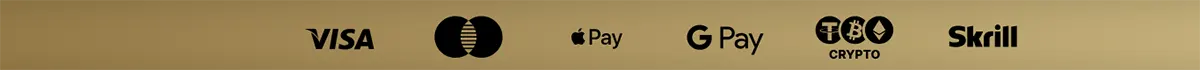 Payment methods banner with Visa, Mastercard, Apple Pay, Google Pay, crypto, and Skrill logos on a gold background.