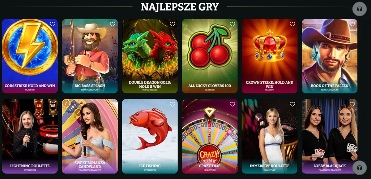 Polish top games section showing Coin Strike Hold and Win, Big Bass Splash, Double Dragon Gold: Hold & Win, All Lucky Clovers 100, Crown Strike: Hold and Win, Book of the Fallen, Lightning Roulette, Sweet Bonanza Candyland, Ice Fishing, Crazy Time, Immersive Roulette, and Lobby Blackjack on a dark casino interface.