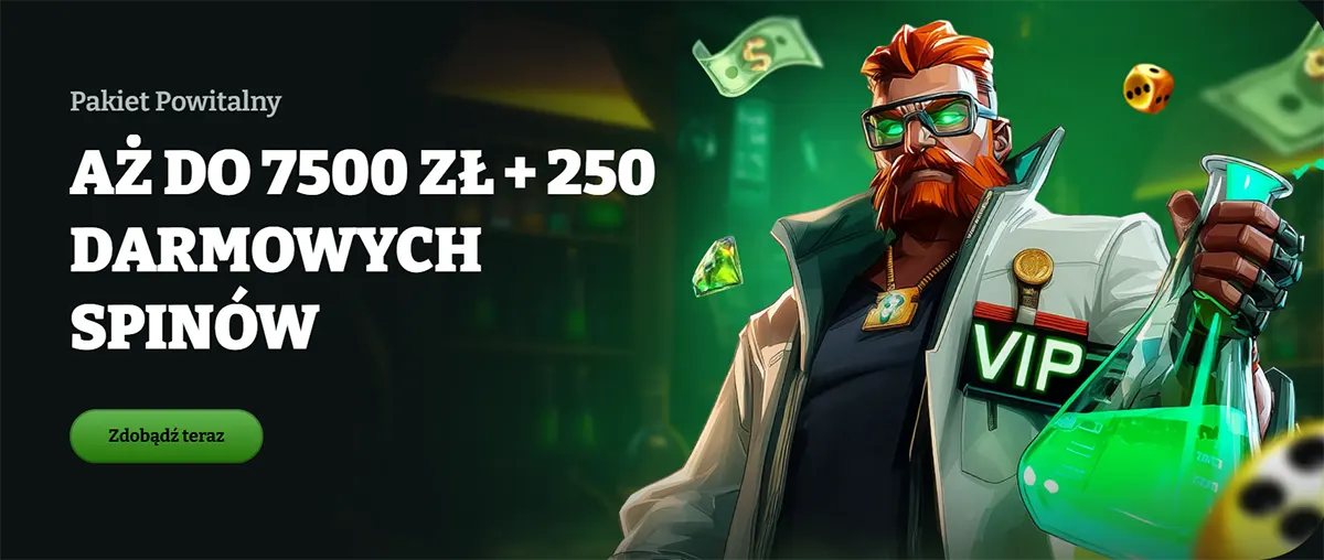 Polish casino welcome banner with a package up to 7,500 zł plus 250 free spins, green call-to-action button, and an illustrated VIP character holding a glowing flask on a dark background.