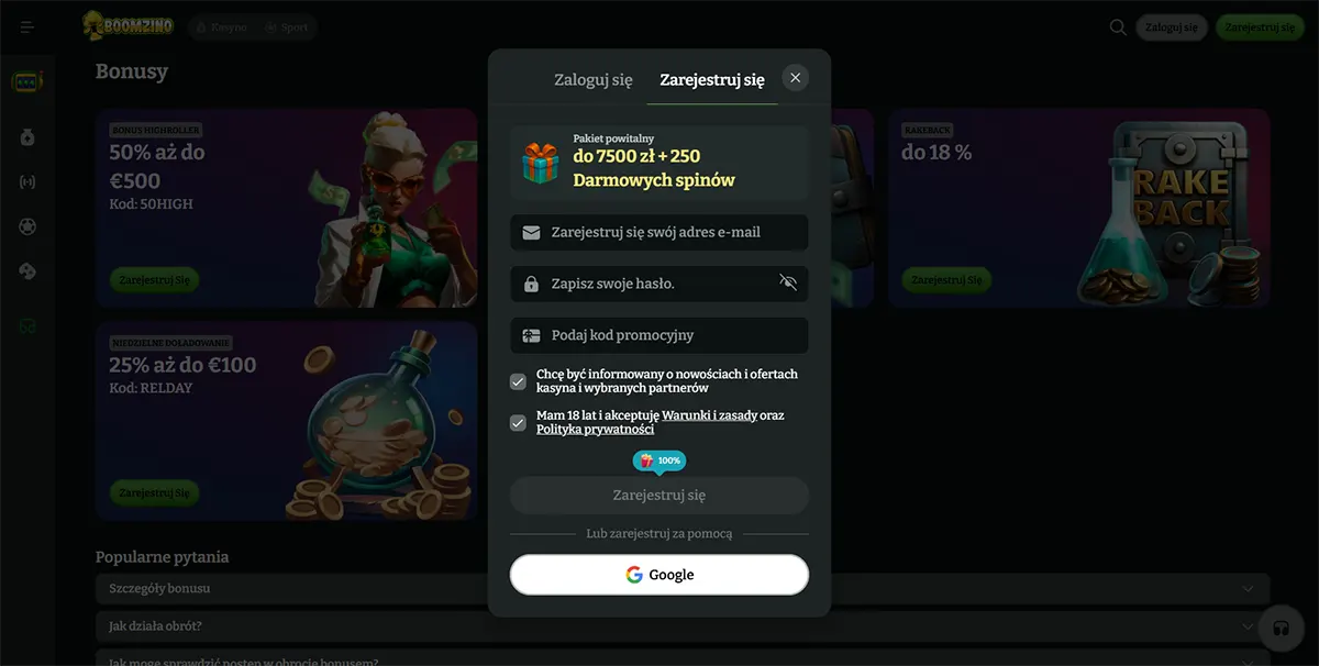 Polish Boomzino registration popup over the bonuses page, featuring a welcome package up to 7,500 zł plus 250 free spins, email and password fields, promo code entry, consent checkboxes, and Google sign-up option.